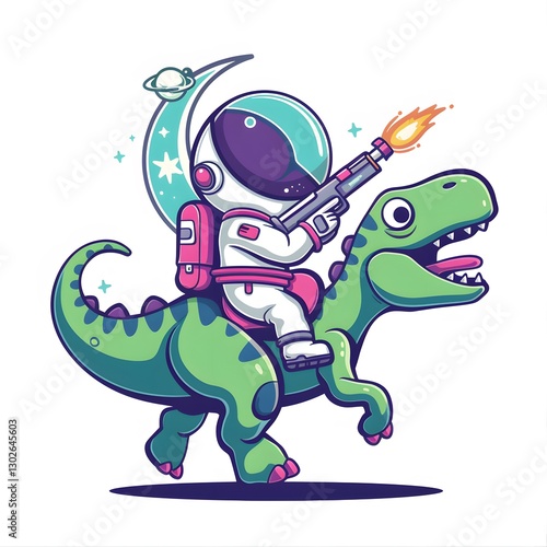 Astronaut Riding Dinosaur in Space with Laser Gun Illustration