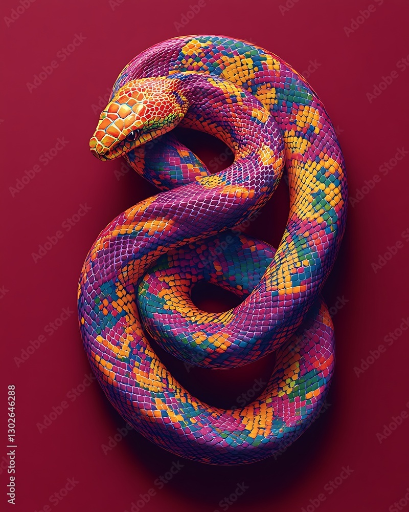 Fototapeta premium A colorful snake slithering on a solid maroon background,