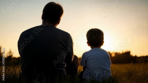 Father and son sitting together on grass watching the sunset bonding and enjoying quality time outdoors in a peaceful moment  
