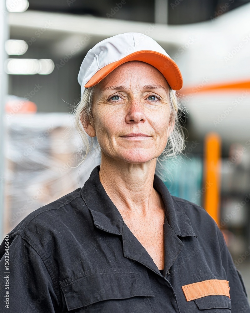 Confident Female Factory Worker in Uniform at Industrial Warehouse Confident Female Factory Worker in Uniform at Industrial Warehouse