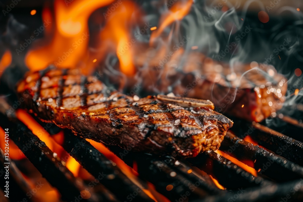 Grilled steaks with seasoning on charcoal grill. Neural network AI generated Grilled steaks with seasoning on charcoal grill. Neural network AI generated