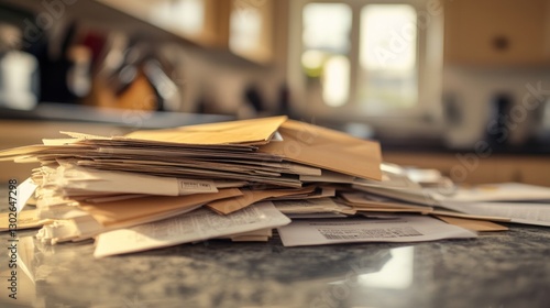 A Pile of Unopened Mail and Documents on a Kitchen Counter