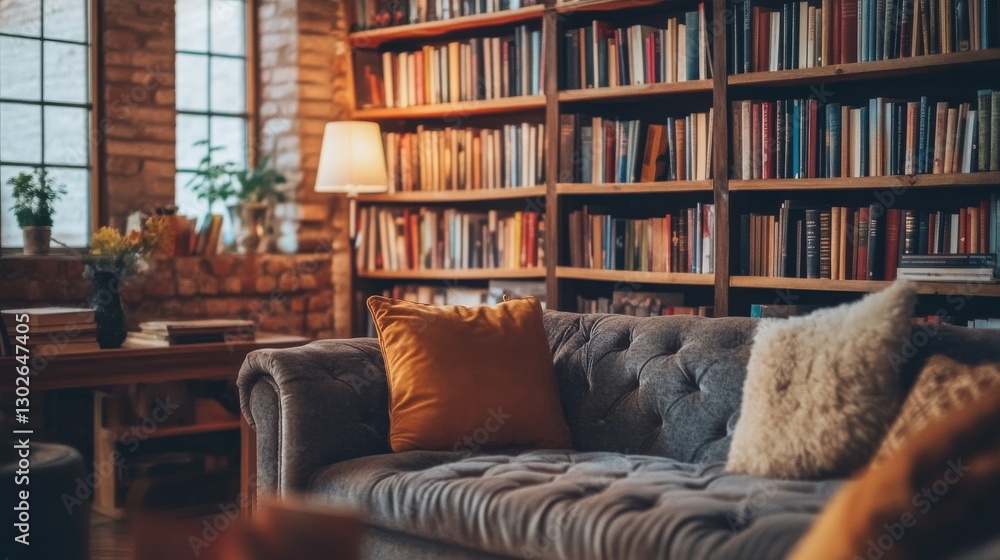 Cozy Living Room with Bookshelf and Comfortable Sofa Setup Cozy Living Room with Bookshelf and Comfortable Sofa Setup