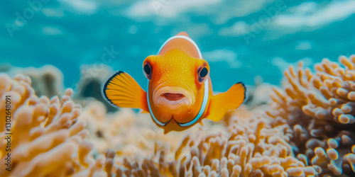 A vibrant clownfish swims among coral, showcasing its bright orange and white colors beneath a clear blue ocean.