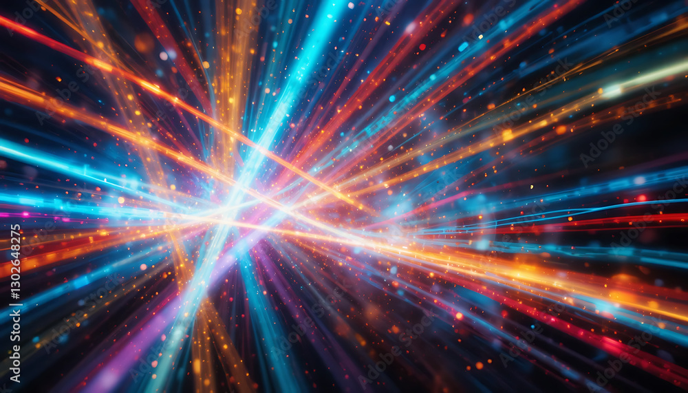 Fototapeta premium Dynamic and colorful display of light trails intersecting and weaving through a dark background.