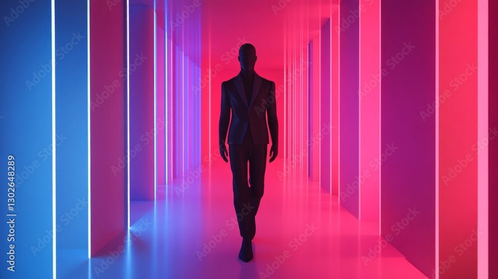 Neon Nights: A Man in a Suit Walks Through a Futuristic Corridor Neon Nights: A Man in a Suit Walks Through a Futuristic Corridor