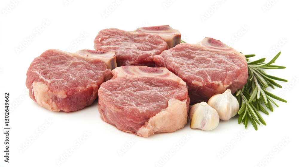 Fresh Pork Chops with Garlic and Rosemary on White Background for Culinary Use Fresh Pork Chops with Garlic and Rosemary on White Background for Culinary Use