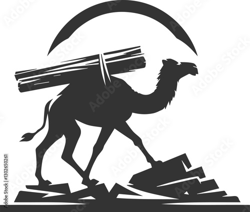 Camel carrying a wooden plank, stepping over rocks animal vector silhouette