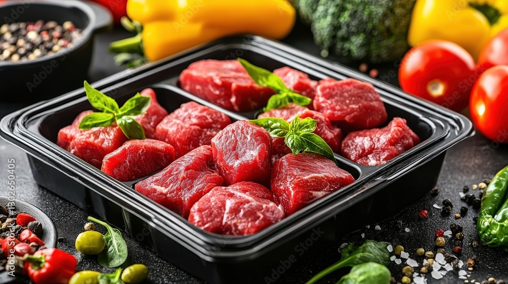 Fresh Raw Beef Cubes with Colorful Vegetables and Herbs on Dark Kitchen Counter Fresh Raw Beef Cubes with Colorful Vegetables and Herbs on Dark Kitchen Counter