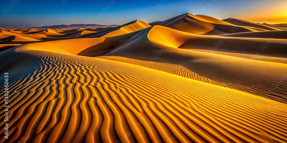 Naklejka premium Golden Desert Sunrise: Macro Photography of Textured Dunes with Long Shadows