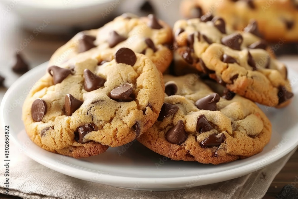 Stack of chocolate chip cookies on marble table. Neural network AI generated Stack of chocolate chip cookies on marble table. Neural network AI generated