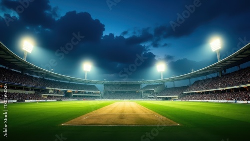 Floodlit cricket stadium, Grand floodlit cricket stadium at night vibrant colors roaring fans upward angle central pitch symmetry