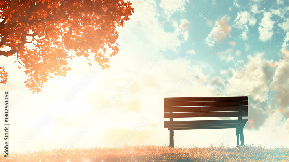Obraz premium Serene Autumn Sunset Landscape with a Wooden Bench