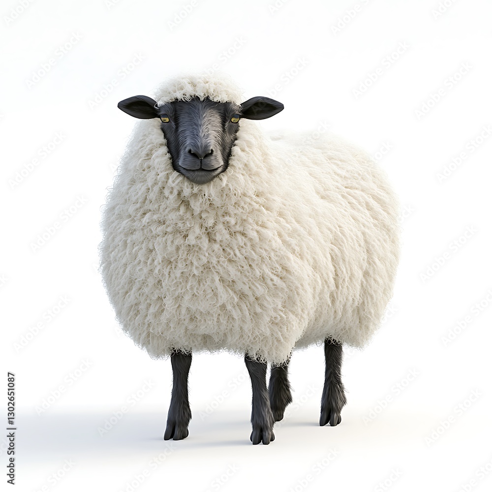 Fototapeta premium A fluffy sheep on a solid snow white background,