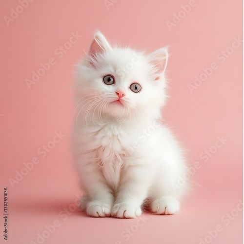 A fluffy white kitten sitting on a soft pink solid background, gazing curiously at the camera,