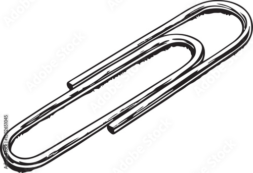 Paperclip Clip for Paper Documents Stationery Black and White Vector Illustration, Sketch Drawing Line Linear Engraving, Hand-drawn Isolated