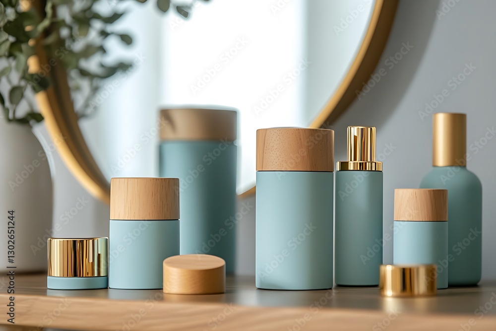 Fototapeta premium Elegant Teal & Wooden Cosmetic Jars, Bottles Mockup on Wooden Shelf