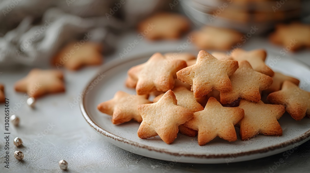 Serene Arrangement of Glowing Shortbread Cookies in Star Shapes on White Plate Serene Arrangement of Glowing Shortbread Cookies in Star Shapes on White Plate