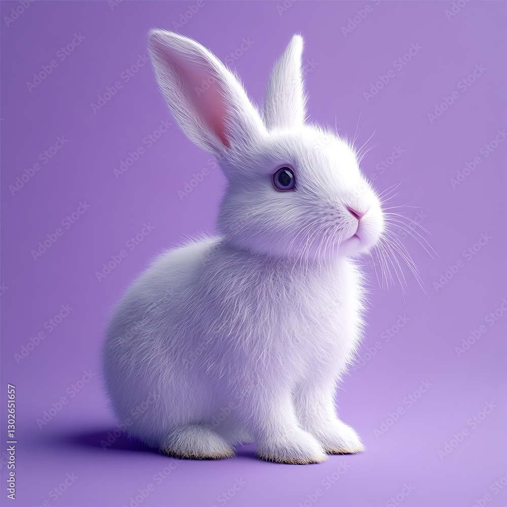 A fluffy white rabbit on a solid lavender background, A fluffy white rabbit on a solid lavender background,
