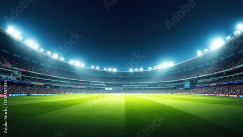 Floodlit Cricket Stadium, Massive cricket stadium at night glowing floodlights dewy field cheering crowds.