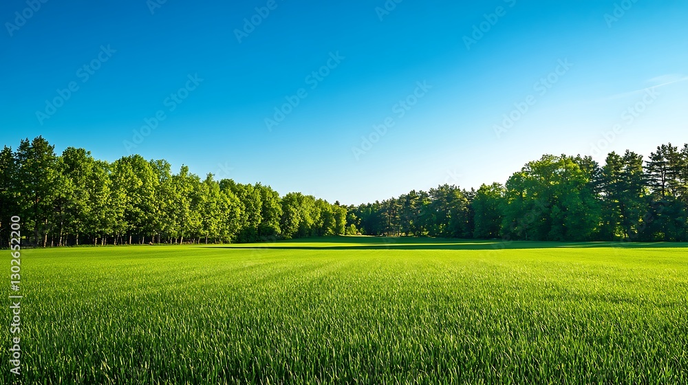 Obraz premium Lush green field under a vibrant blue sky, bordered by lush trees.