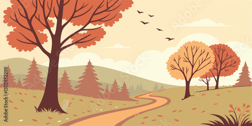 peaceful autumn forest with fallen leaves and a scenic dirt road
