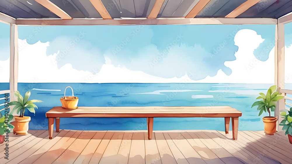 Fototapeta premium Seaside Veranda Watercolor Illustration with Ocean View and Relaxing Atmosphere