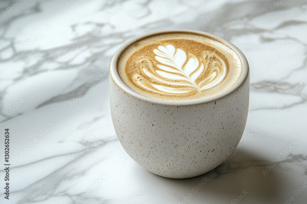 Warm cup of latte with intricate foam art served in a speckled ceramic mug on a polished marble countertop in a cozy cafe setting Warm cup of latte with intricate foam art served in a speckled ceramic mug on a polished marble countertop in a cozy cafe setting
