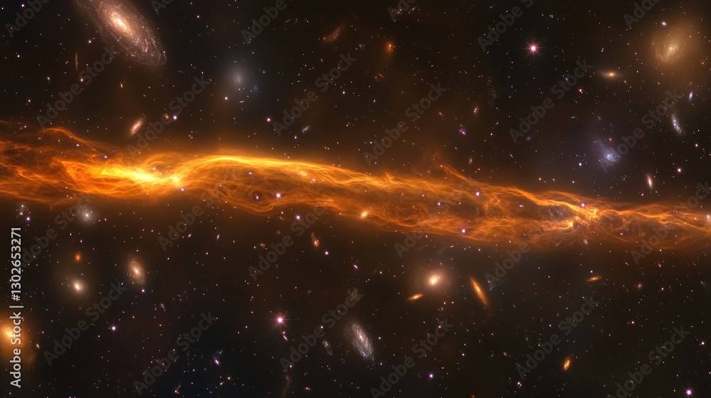 Obraz premium A vivid cosmic scene with colorful swirling gases and faint outlines of distant galaxies.