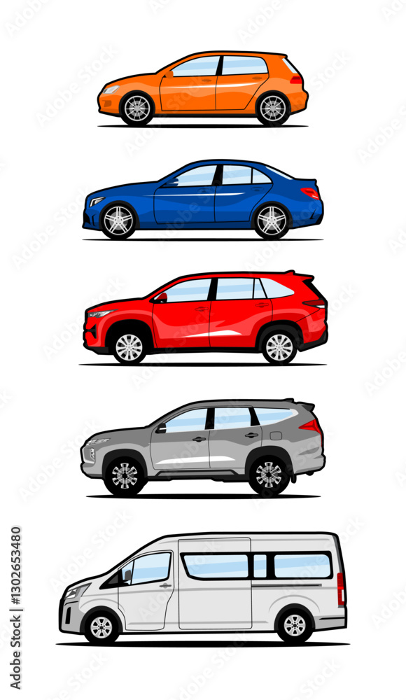Naklejka premium set of car sedan mpv suv van side view vector