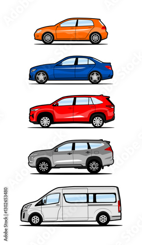 set of car sedan mpv suv van side view vector