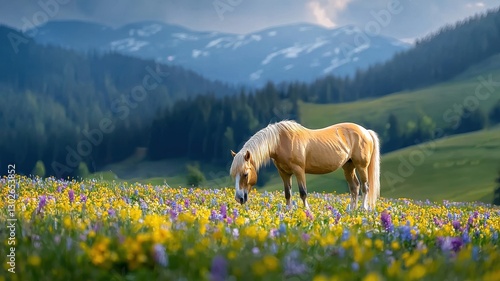 Early spring concept. A serene landscape featuring a horse grazing in a vibrant field of wildflowers with majestic mountains in the background.