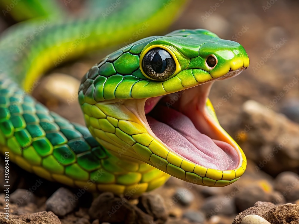 Fototapeta premium Green Mexican Parrot Snake Open Mouth Dry Ground Stock Photo