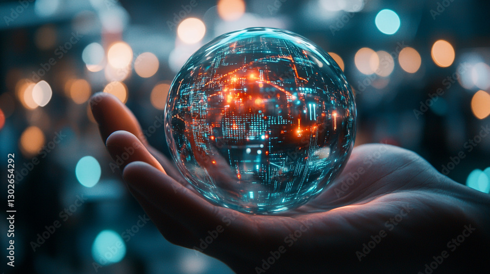 Fototapeta premium Crystal ball digital world in hand futuristic technology concept data glow blue globe light glass