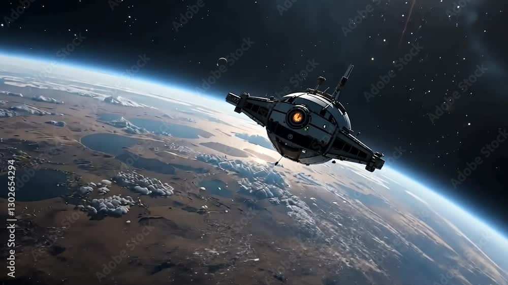 A spacecraft exploring a distant planet in a cosmic setting. A spacecraft exploring a distant planet in a cosmic setting.