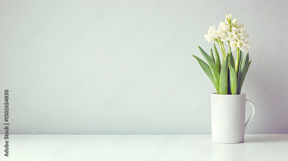 White Hyacinth in a White Mug on a White Table White Hyacinth in a White Mug on a White Table