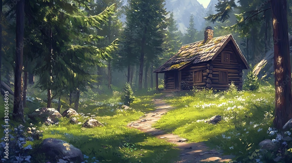 Cabin in a serene forest setting Cabin in a serene forest setting