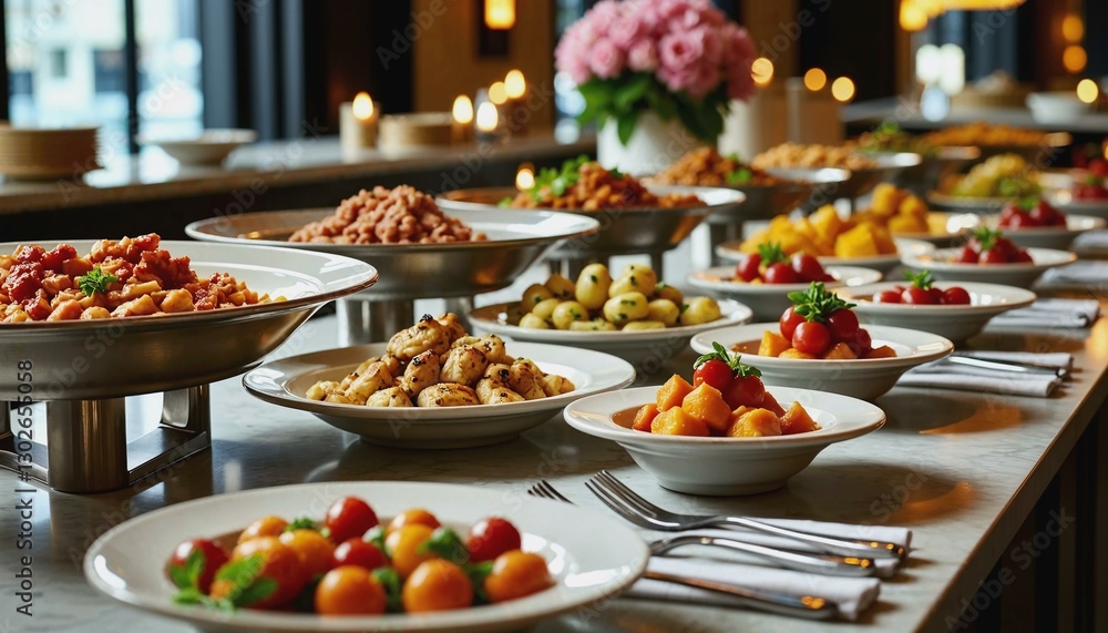 Fototapeta premium Elegant high-end buffet table filled with gourmet dishes and fancy silverware