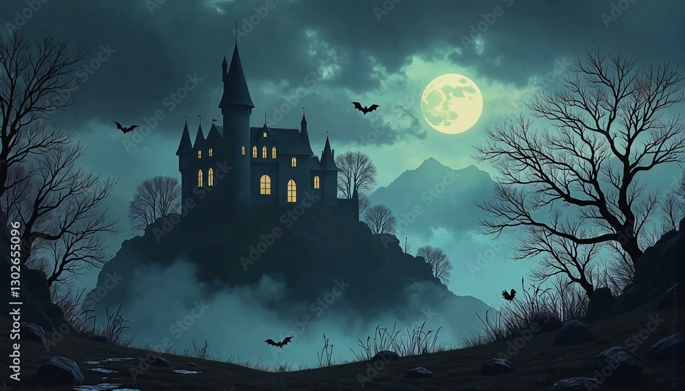 Haunted castle in a spooky, misty landscape with dramatic lighting Haunted castle in a spooky, misty landscape with dramatic lighting
