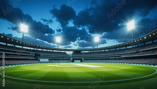 Exciting cricket match under stadium lights at a vibrant cricket ground