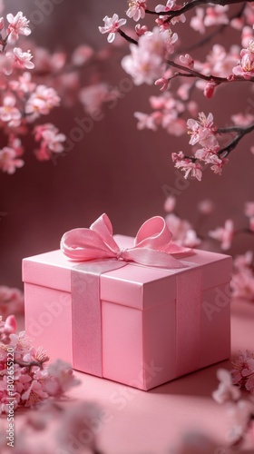 Pink gift box surrounded by blooming cherry blossom branches in a softly lit setting