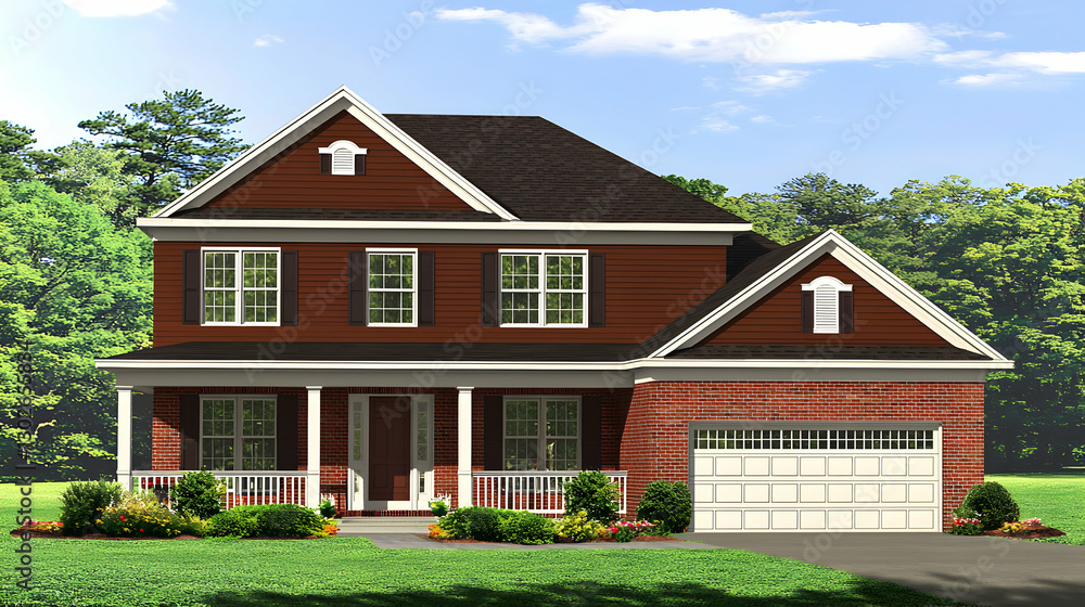 Two Story Brick House with Brown Siding and Porch Two Story Brick House with Brown Siding and Porch