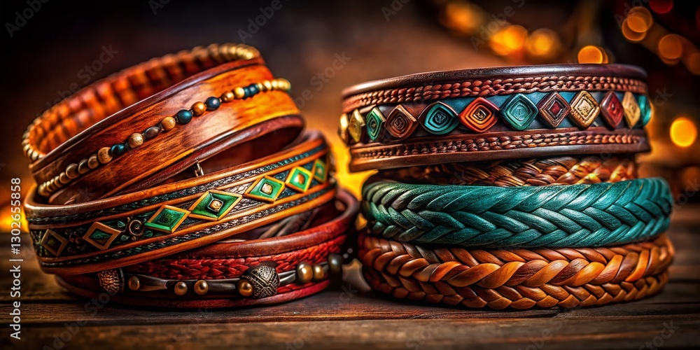 Handcrafted Leather Bracelets, Low Light Photography, Artisan Souvenir, Detailed Texture, Night Market Handcrafted Leather Bracelets, Low Light Photography, Artisan Souvenir, Detailed Texture, Night Market