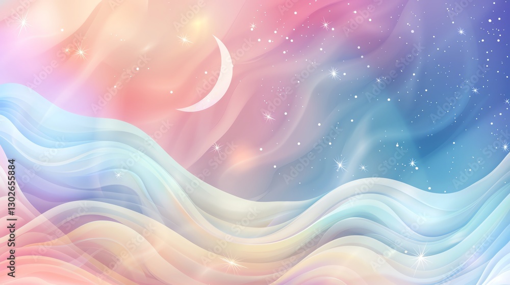 A dreamy, colorful background with a crescent moon and stars. A dreamy, colorful background with a crescent moon and stars.