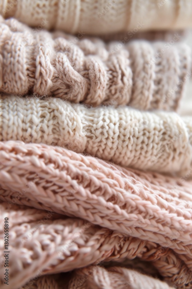 Cozy knitted textiles in soft pastel shades stacked together in a close-up arrangement for a warm and inviting atmosphere Cozy knitted textiles in soft pastel shades stacked together in a close-up arrangement for a warm and inviting atmosphere
