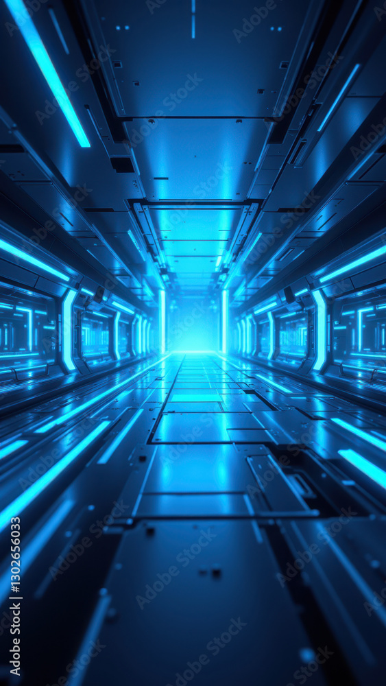 Obraz premium Futuristic tunnel with blue neon lights representing a digital or cybernetic environment often associated with CI/CD pipelines, Docker containers, Kubernetes clusters, and DevOps concepts.