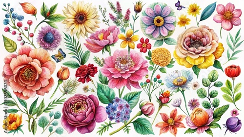 Wallpaper Mural Hand-Drawn & Watercolor Flowers:  Beautiful Floral Clipart Set, Isolated White Background, Perfect for Crafting & Design Projects Torontodigital.ca