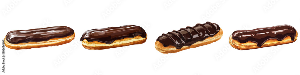 row of four chocolate covered eclairs with varying designs on transparency background row of four chocolate covered eclairs with varying designs on transparency background