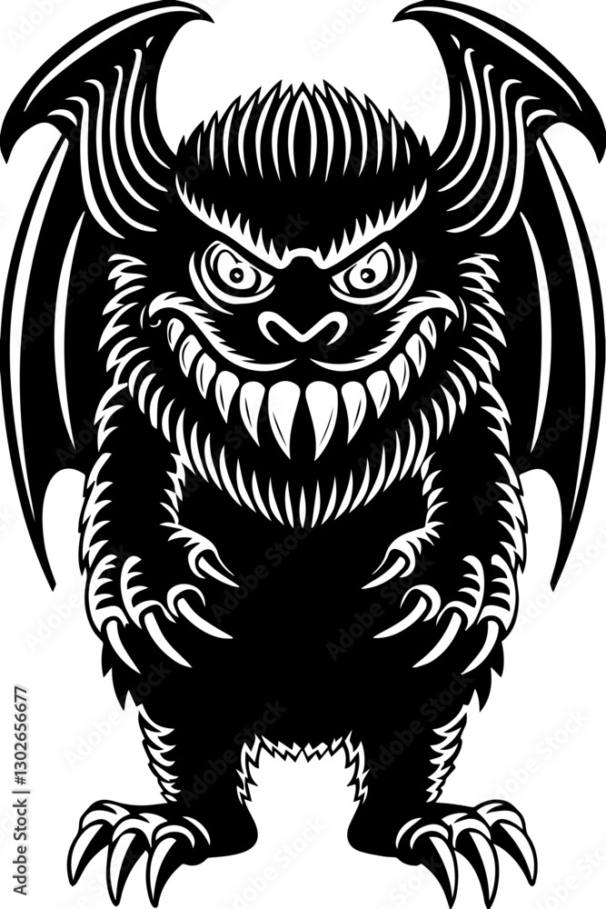 Fototapeta premium SVG vector features demonic dragons, hell creatures, and dark beasts.Fierce Winged Creature with Sharp Teeth and Spiky Fur Design