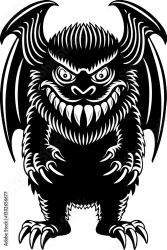 SVG vector features demonic dragons, hell creatures, and dark beasts.Fierce Winged Creature with Sharp Teeth and Spiky Fur Design